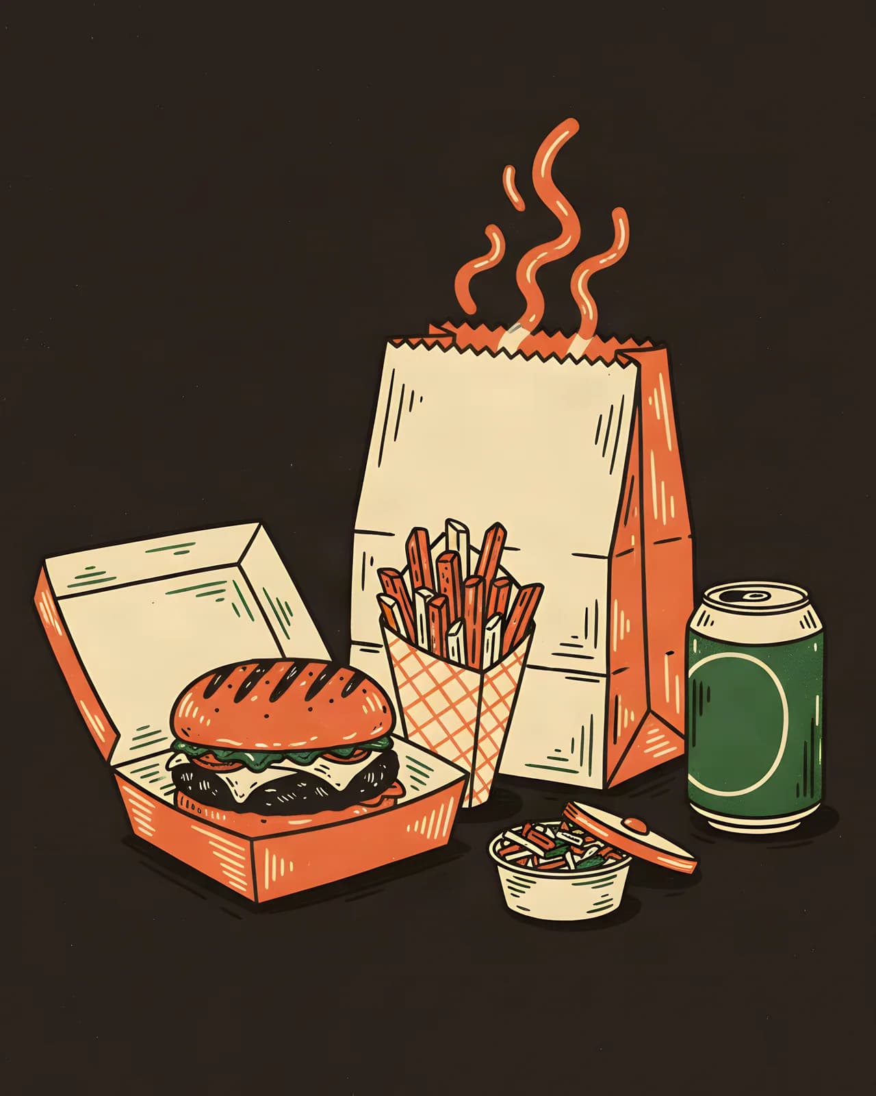 Illustratie van een afhaalbestelling: papieren tas, burger, friet, coleslaw en een blikje