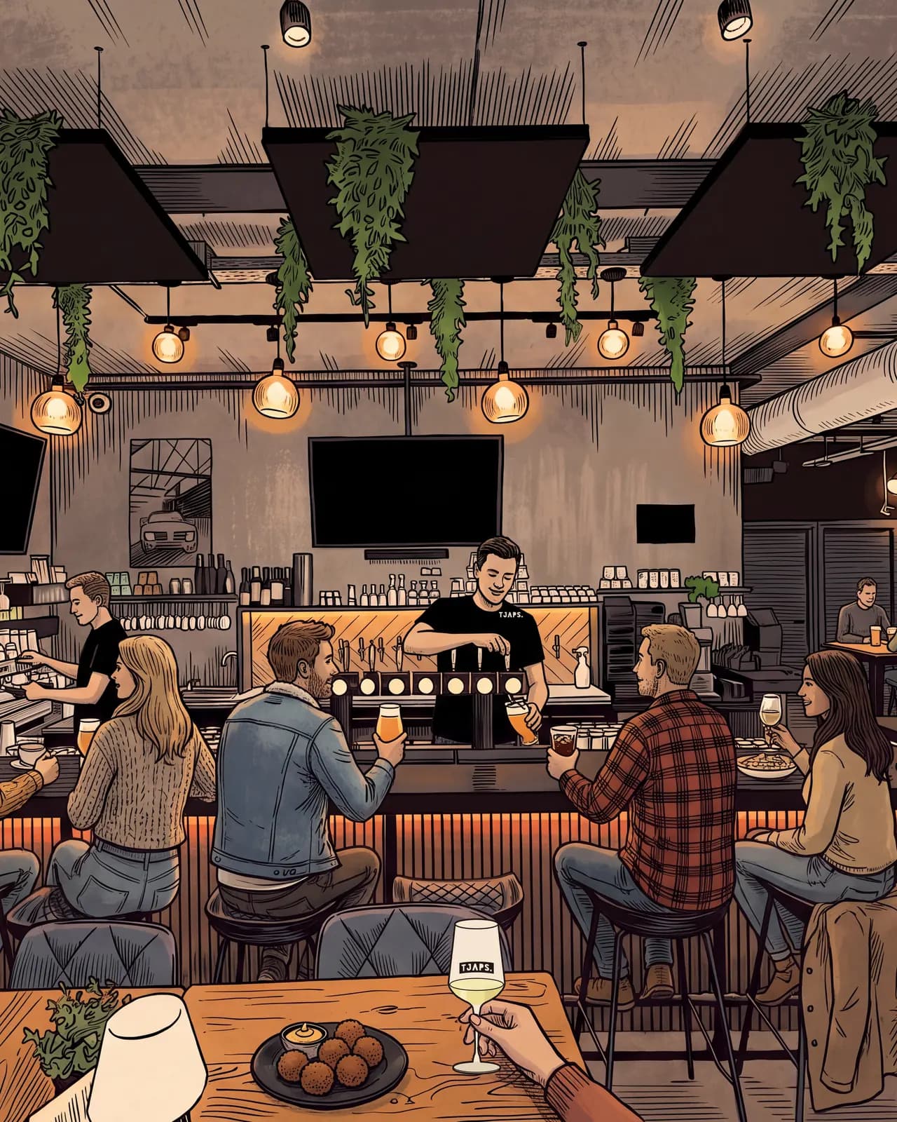 Illustration of the bar at Tjaps in the evening: guests on the bar stools, a bartender pouring beer and, in front, bitterballen, an espresso martini and a glass of white wine
