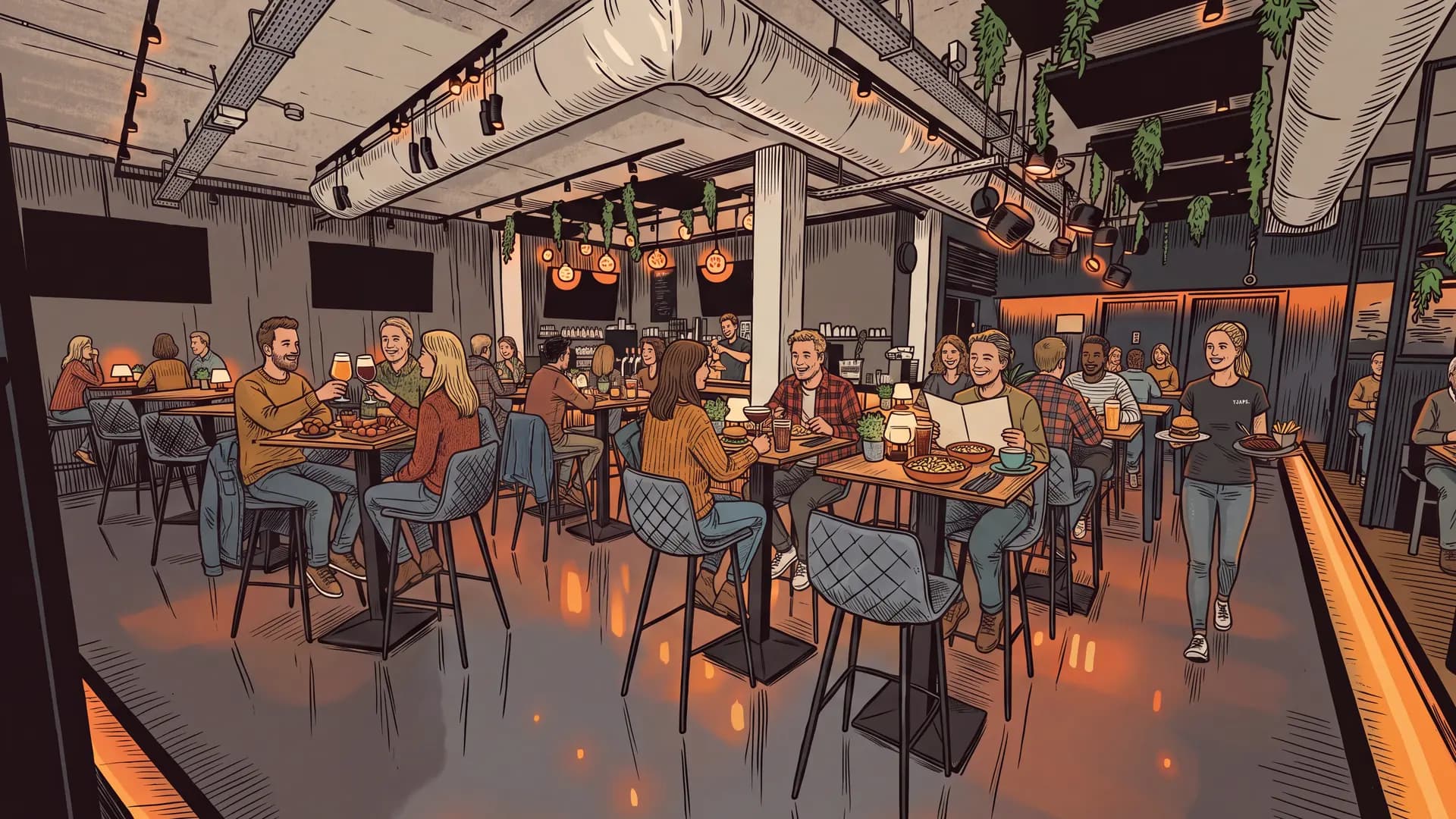 Illustration of the Tjaps dining room on a Friday evening: groups at the high tables, the bar at the back