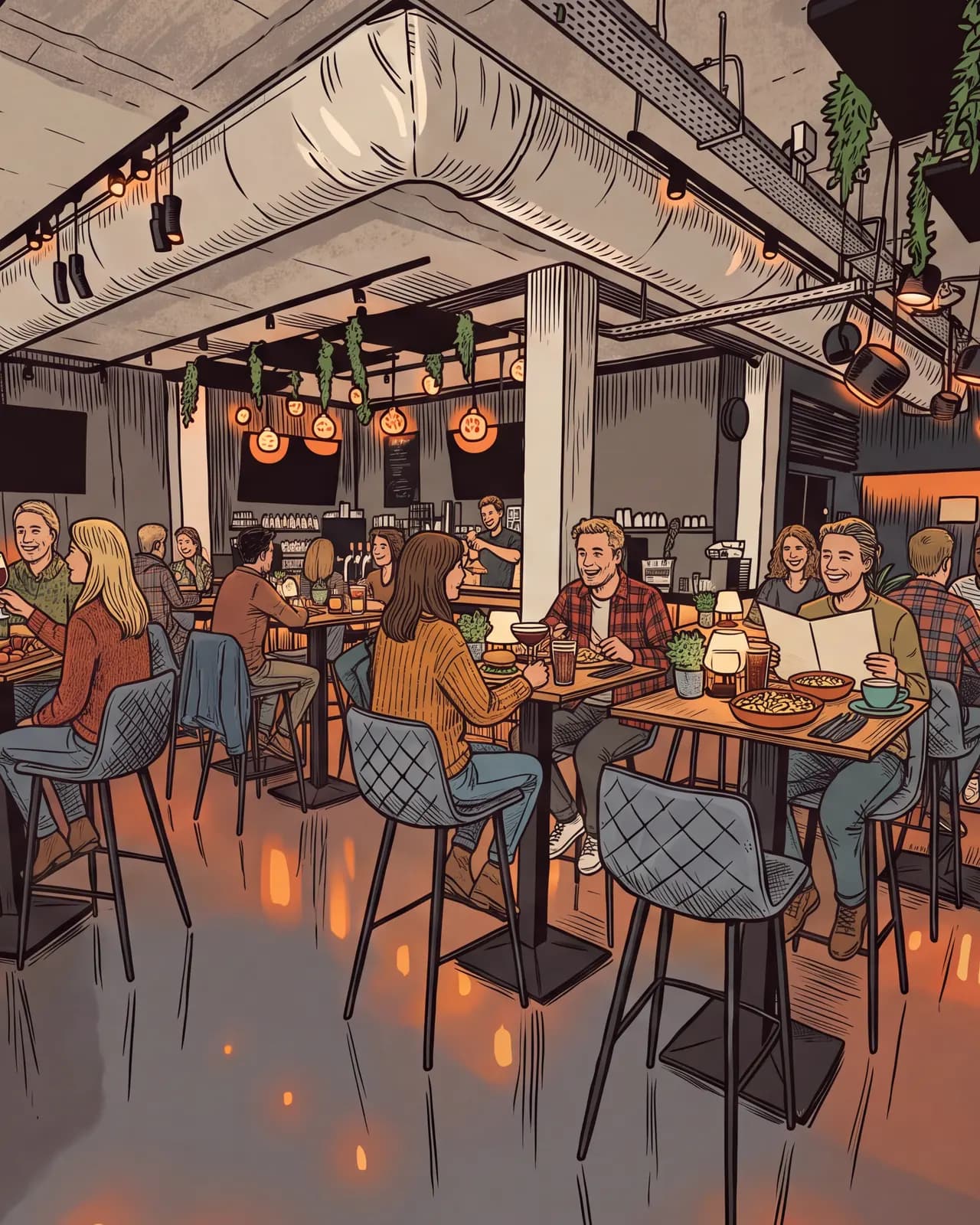 Illustratie van de zaal van Tjaps op een vrijdagavond: groepjes aan de hoge tafels, de bar achterin