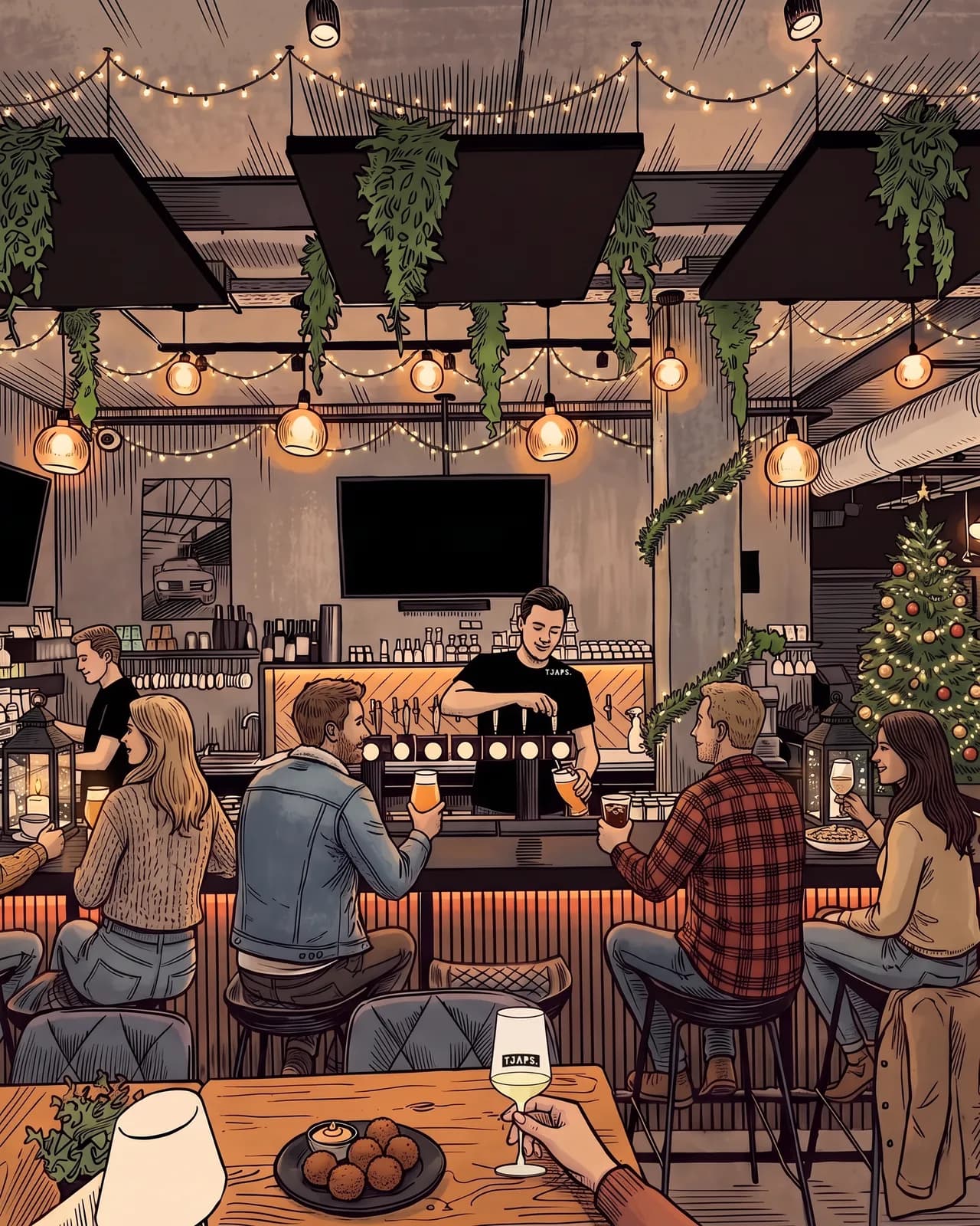Tekening van de bar van Tjaps in december: kerstlampjes langs de plafondrails, een kerstboom in de hoek, lantaarns met sneeuw op de bar en de barman die een biertje tapt