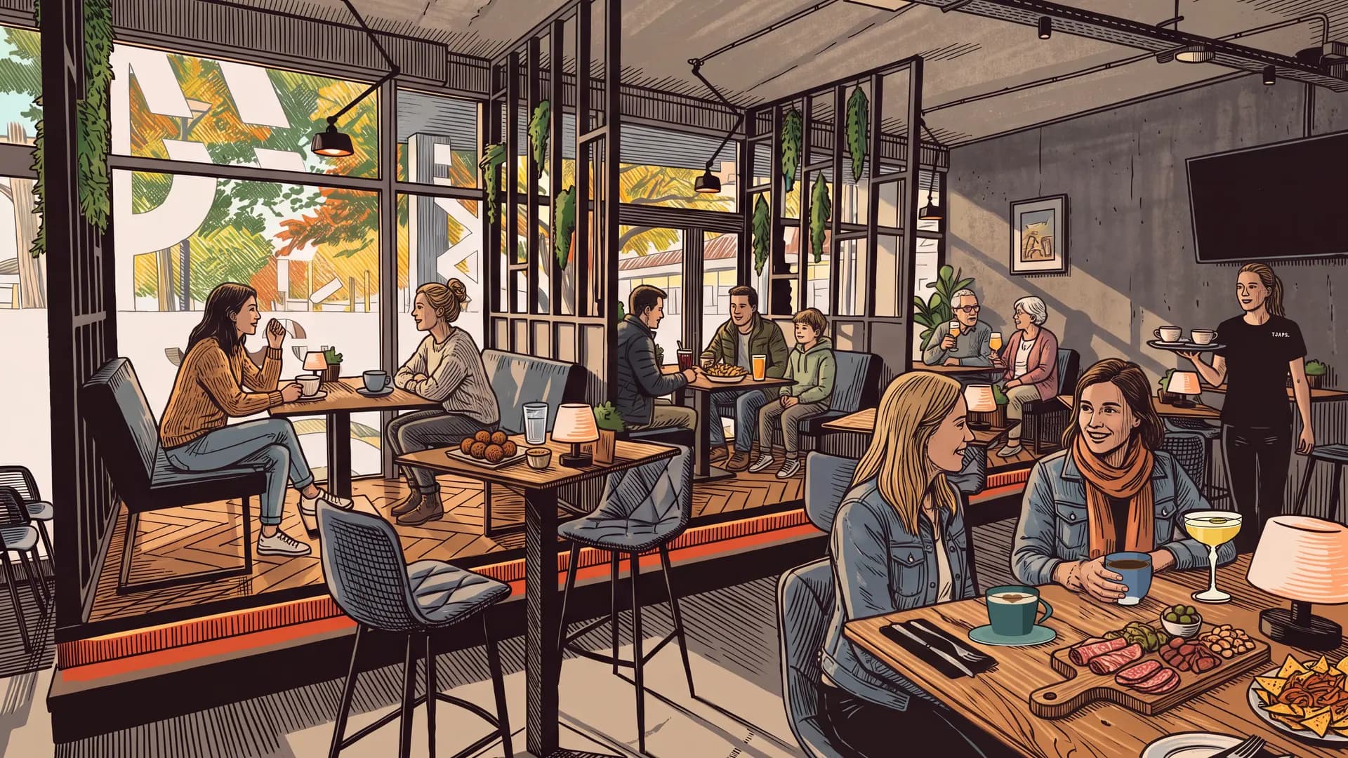 Illustratie van Tjaps op een middag: een gezin met een kind aan tafel bij het raam, andere gasten aan de borrel