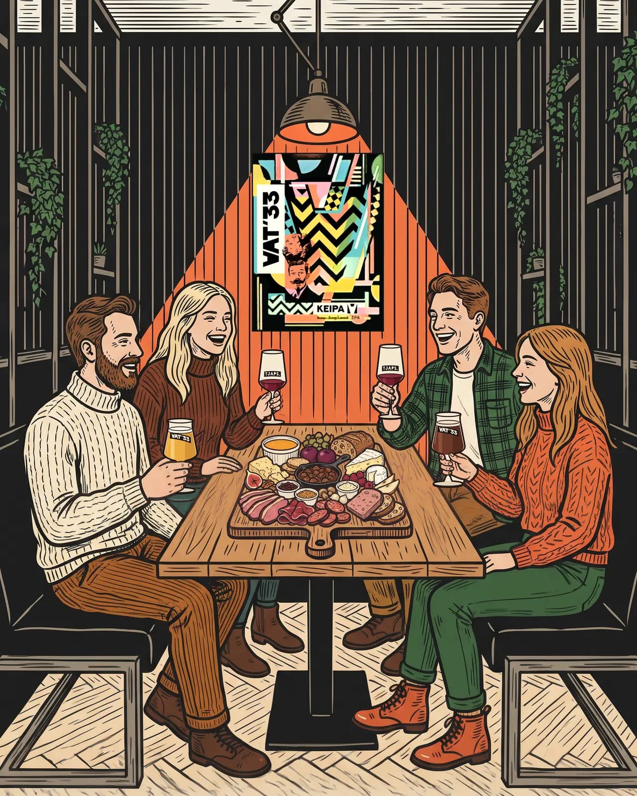 Illustratie van vier vrienden in een nisje bij Tjaps rond De Wildplank, met twee glazen bier (blond en bok) en twee glazen rode wijn