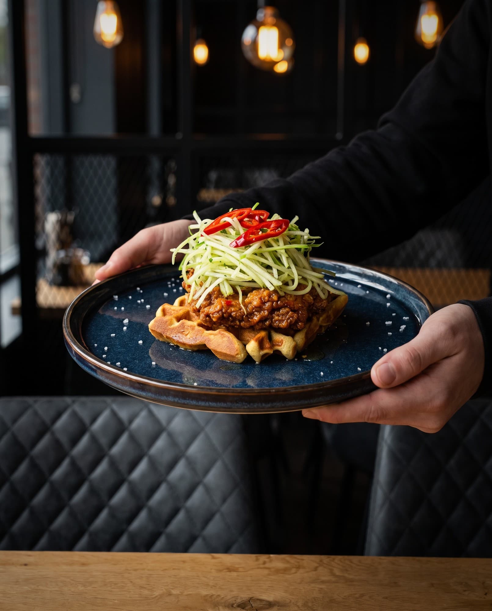 Chicken 'n Waffles met een salade van Granny Smith en rode peper